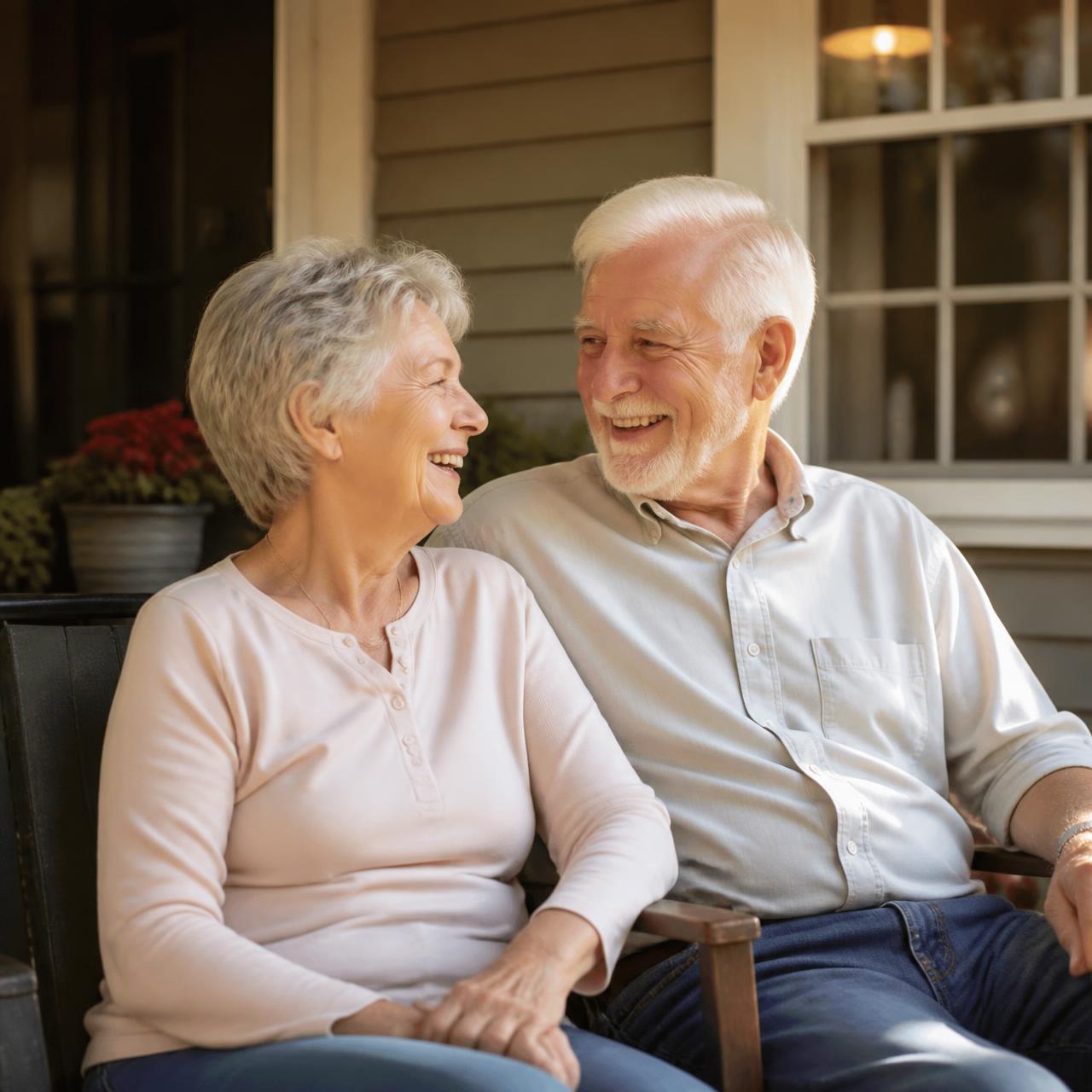 A smiling senior couple sitting together on their front porch